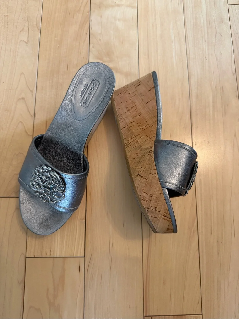 Vintage Coach Metallic Silver Slide Sandals with Signature Medallions